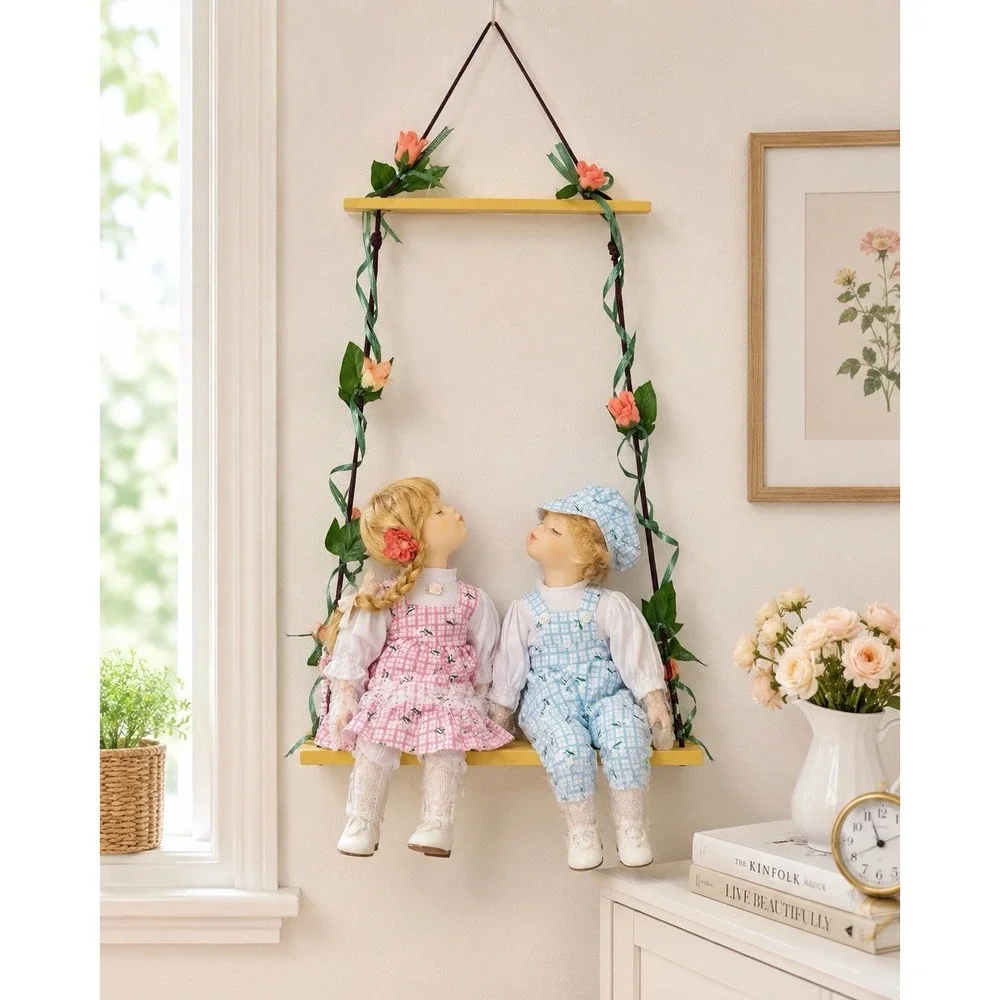 Menie' Porcelain‎ Kissing Couple Dolls on Swing Boy Girl Sweethearts VTG